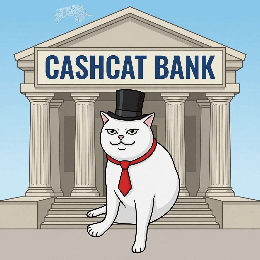 CASHCAT BANK — a smug white cat in a top hat in front of a classical bank